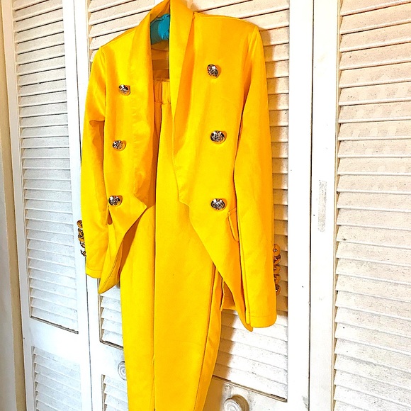 Women's Solid Color Two-piece Casual Blazer Jacket and Pants  Yellow XXS - Picture 3 of 16